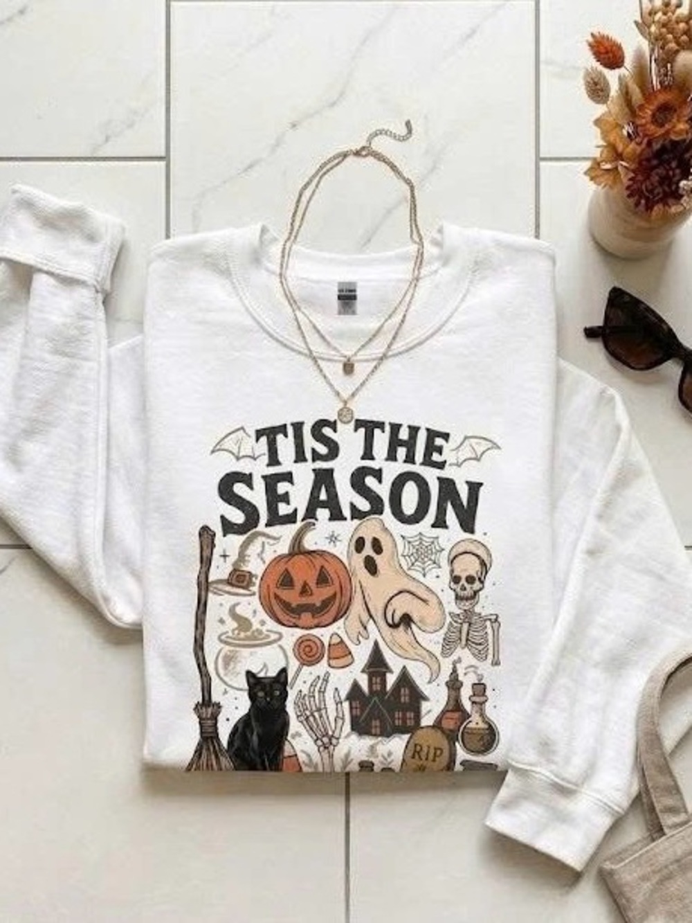 Tis The Season Halloween Sweatshirt Spooky Ghost Pumpkin Black Cat Crewneck